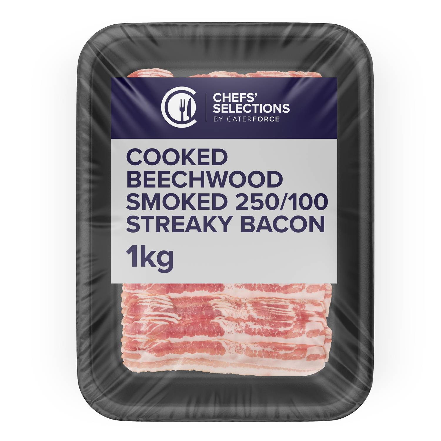 Chefs’ Selections Cooked Beechwood Smoked 250/100 Streaky Bacon (8 x 1kg)