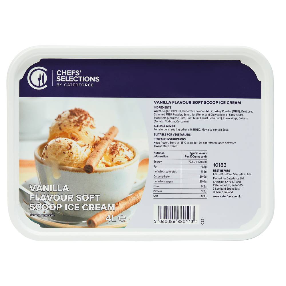 Chefs’ Selections Vanilla Flavour Soft Scoop Ice Cream (6 x 4L)
