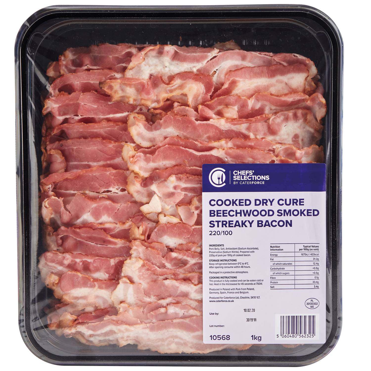 Chefs’ Selections Cooked Dry Cure Beechwood Smoked 220/100 Streaky Bacon (8 x 1kg)